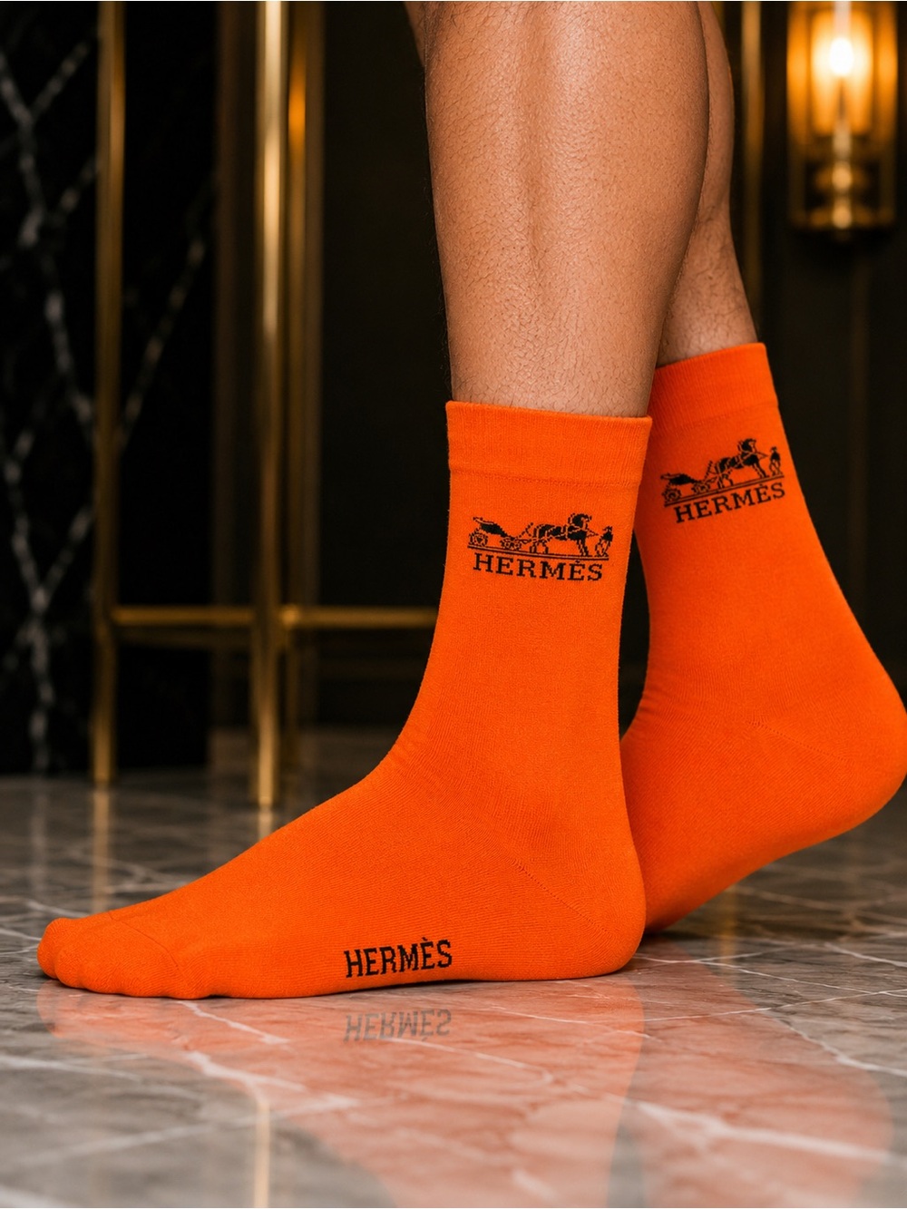 Hermes Orange Logo Crew Socks for Men